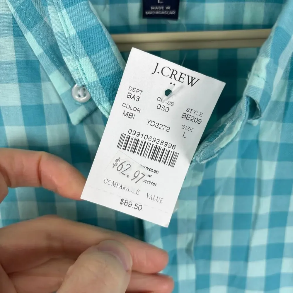 J. Crew Slim Untucked Blue Check Button Down Shirt NEW Large flex washed BE209